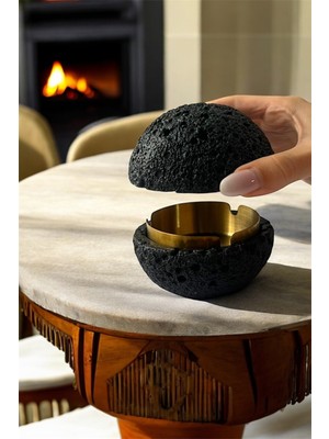 Gisvol Kapaklı Beton Küllük Ev, Ofis ve Kafe Için Paslanmaz Metal Hazneli Küllük Ay Görünümlü Siyah Gold