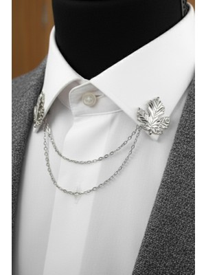 Gümüş Renk Yaprak Desenli Zincirli Gömlek & Ceket & Damatlık & Yaka Iğnesi