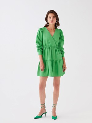 Lc Waikiki Yeni Sezon Kruvaze Yaka Düz Uzun Kollu Poplin Elbise