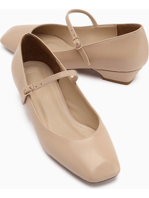 Limoya Yuphin Bej Kısa Topuklu Kemerli Kadın Topuklu Ayakkabı