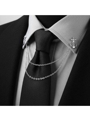 Gümüş Renk Çapa Zincirli Gömlek & Ceket & Damatlık & Yaka Iğnesi