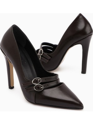 Limoya Blanka Kahve Çift Tokalı Stiletto Kadın Topuklu Ayakkabı