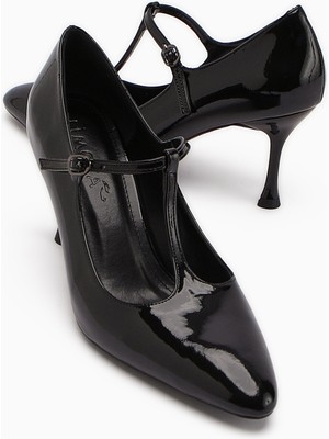 Limoya Sania Siyah Rugan Kemerli Ince Topuklu Kadın Ayakkabı