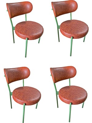 4 Adet Metal Sandalye Deri Döşemeli Silinebilir -Yeşil Metal Kahve Suni Deri