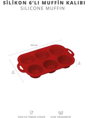 Zuzu Made Yanmaz Yapışmaz Silikon 6'lı Muffin Kek Kalıbı Kırmızı