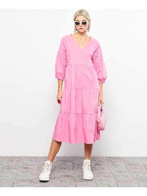 Lc Waikiki Yeni Sezon V Yaka Düz Poplin Elbise