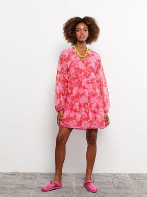 Lc Waikiki Yeni Sezon Bağlamalı Yaka Desenli Uzun Kollu Elbise