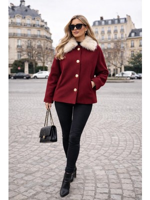 Pastelastore Kürk Yakalı Astarlı Kaşe Ceket Kaban 2121