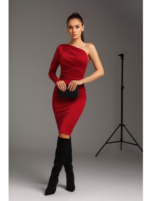 Alpaco Tek Omuz Parlak Saten Ince Kadife Elbise