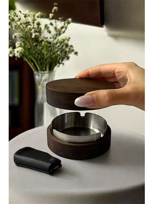 Gisvol Kapaklı Koyu Ahşap Küllük Ev, Ofis ve Kafe Için Paslanmaz Metal Hazneli Küllük Koyu Gümüş