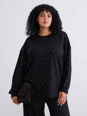 Lc Waikiki Yeni Sezon Büyük Beden Bisiklet Yaka Taşlı Kadın Sweatshirt