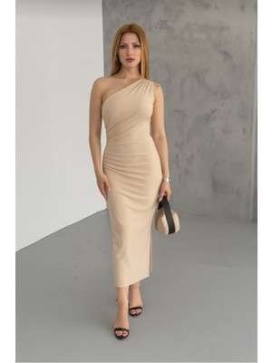 Alpaco Kadın Krem/bej Yırtmaçlı Sandy Omuz Detay Drapeli Elbise
