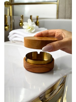 Gisvol Kapaklı Doğal Ahşap Küllük Ev, Ofis ve Kafe Için Paslanmaz Metal Hazneli Küllük Doğal Gold