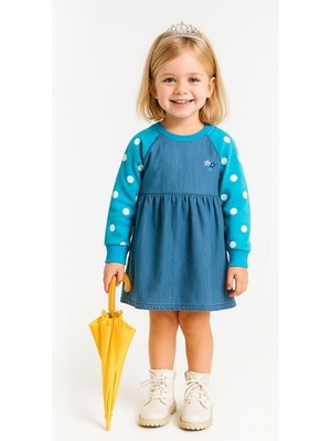 Ürünya Kız Çocuk Puantiyeli Uzun Kollu Günlük Elbise