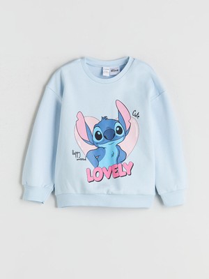 Lc Waikiki Yeni Sezon Bisiklet Yaka Lilo ve Stitch Baskılı Kız Çocuk Sweatshirt