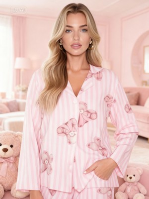 NiCe İç Giyim Pudra Pembe Şerit Krem Ayıcıklı Yumuşacık Süet Pijama Takım (M Beden _ 3xl Beden Aralığı)
