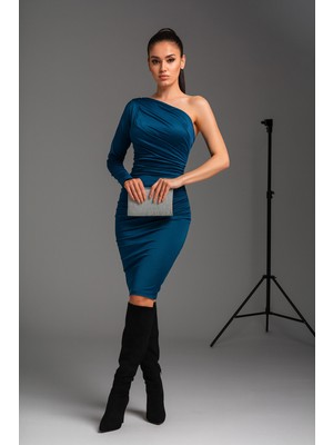 Alpaco Tek Omuz Parlak Saten Ince Kadife Elbise