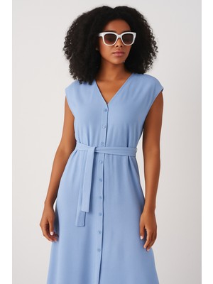 Alpaco Yazlık Elbise Midi Boy - Rahat - Kuşaklık ve Düğmeli