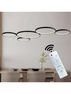 Hevsel Eskitme Gold Gövde, Kumandalı ve 3 Renk Işık, 5'li Halka Sarkıt Led Avize