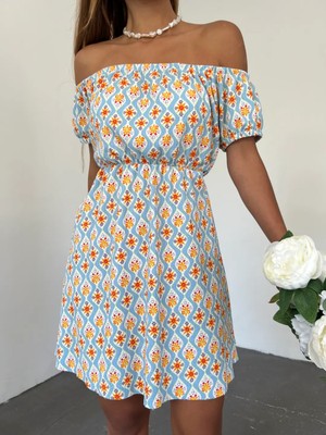 Moda Madonna Yaka Çiçek Desenli Krinkıl Mini Elbise - Turkuaz