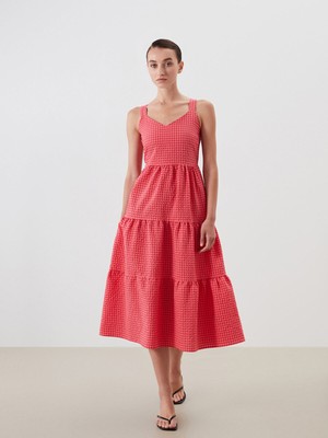 Lc Waikiki Yeni Sezon Kalp Yaka Ekose Askılı Katkat Elbise