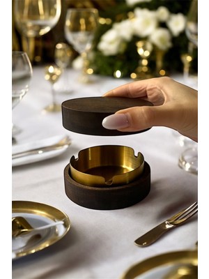 Gisvol Kapaklı Koyu Ahşap Küllük Ev, Ofis ve Kafe Için Paslanmaz Metal Hazneli Küllük Koyu Gold