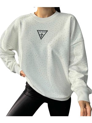 Phuti Taş Baskılı Bisiklet Yaka Beyaz Sweatshirt