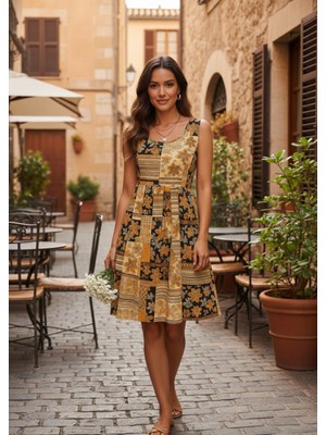 Alpaco Sıfır Kol Yuvarlak Yaka Çiçek Desenli Süprem Elbise