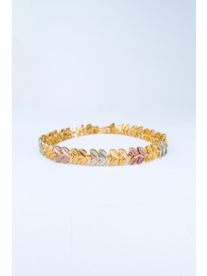 Stella Fortis Yaprak Form Detaylı Üç Renkli Bileklik – Altın, Gümüş & Rose | Sf Signature Serisi