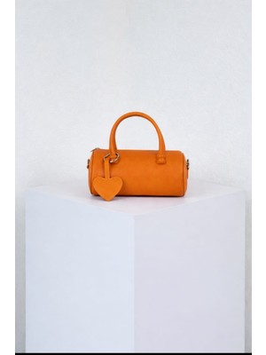 Özüm Takı Çanta Kadın Küçük Boy Silindir Kalp Detay El ve Omuz Çantası Turuncu