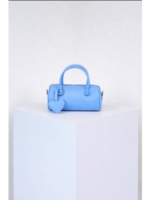 Özüm Takı Çanta Kadın Küçük Boy Silindir Kalp Detay El ve Omuz Çantası Mavi