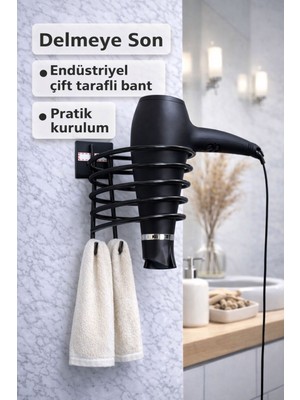 Le Touche Yapışkanlı Saç Kurutma Makine Askısı Siyah Kancalı Fönlük