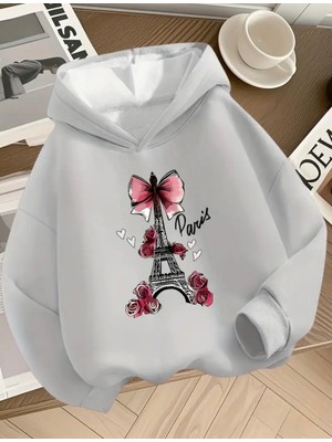 Kids Face Özel Tasarım Kapüşonlu Paris Kalpler Baskılı %100 Pamuk Modern Kız Çocuk Sweatshırt