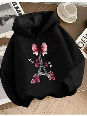 Kids Face Özel Tasarım Kapüşonlu Paris Kalpler Baskılı %100 Pamuk Modern Kız Çocuk Sweatshırt