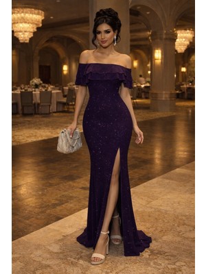 Alpaco Simli Fukuro Kumaş Straplez Yaka Kat Yırtmaçlı Abiye Elbise -Koyu Mor