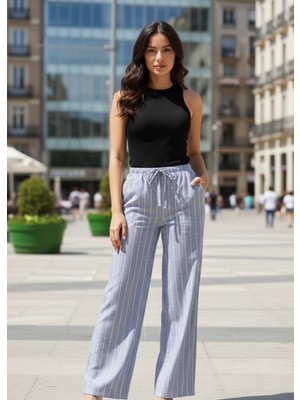 Alpaco Çizgili Keten Pantolon