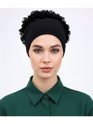 Fırfırlı Siyah Dikişsiz Topuz Bone Kadın Tesettür Bağlamalı Iç Bone