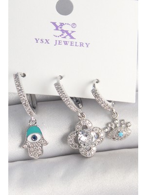 Lokiboo Pirinç Gümüş Renk Zirkon Taşlı Fatma Ana Yonca Figür Göz Detay 3'lü Kadın Kombin Küpe - Lisinya