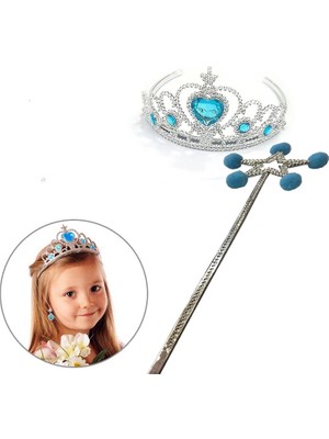 Mavi Ponponlu Karlar Ülkesi Elsa Asası ve Mavi Kalp Taşlı Elsa Tacı - Lisinya