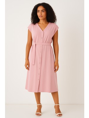 Alpaco Yazlık Elbise Midi Boy - Rahat - Kuşaklık ve Düğmeli