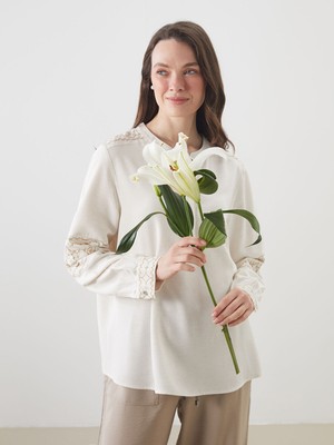 Lc Waikiki Yeni Sezon Kaçık Yaka Desenli Keten Karışımlı Bluz