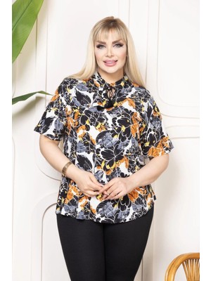 Kadın Desenli Püsküllü Viskon Bluz Bebe Yaka Kısa Kollu Big Size Rahat Kesim - Desenli