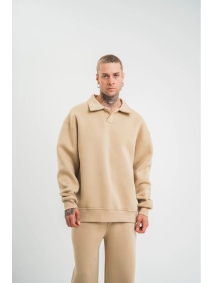 Erkek Patlı Yaka Üç Iplik Pamuklu Sweatshirt Double Oversize Rahat Kalıp Günlük Kullanım - Bej