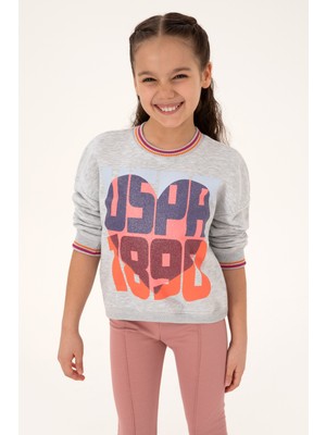 U.s. Polo Assn. Kız Çocuk Açık Gri Melanj Sweatshirt Grafik Desenli Günlük Kullanım İçin