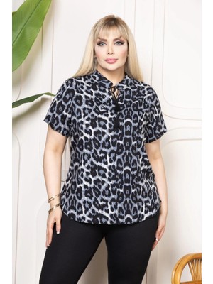 Kadın Desenli Püsküllü Viskon Bluz Bebe Yaka Kısa Kollu Big Size Rahat Kesim - Desenli