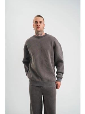 Erkek 3 Iplik Pamuklu Yağ Yıkamalı Sweatshirt Double Oversize Bisiklet Yaka Uzun Kol - Füme