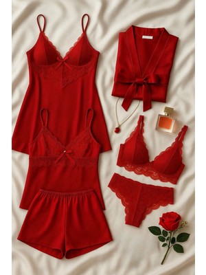 Çeyize Dair Herşey Crimson Kırmızı 6’lı Saten & Dantel Lüks Gecelik Seti