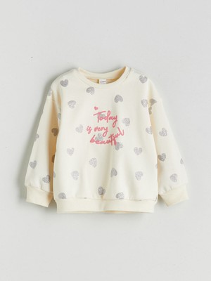 Lc Waikiki Yeni Sezon Bisiklet Yaka Kalp Baskılı Kız Çocuk Sweatshirt