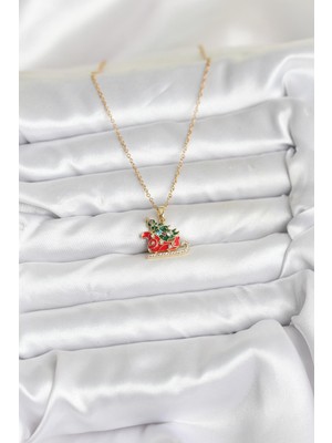 Bsre Gold Renk Kızak ve Çam Ağacı Figürlü Yılbaşı Temalı Kadın Kolye (316L Çelik)