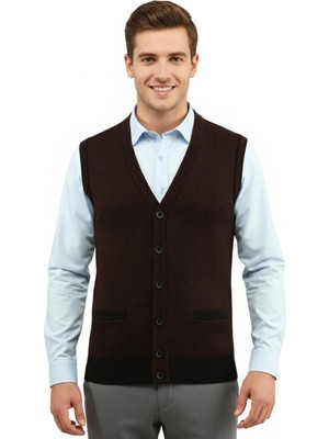 Çizgi Triko Erkek Düğmeli Yelek Cepli Çelik Örgü Klasik Kalıp 5208L BGL-ST04964